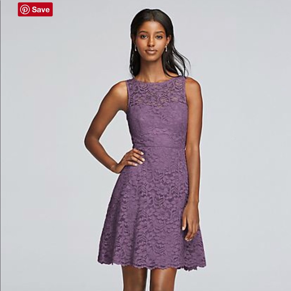 Short sleeveless all over lace bridesmaid’s dress